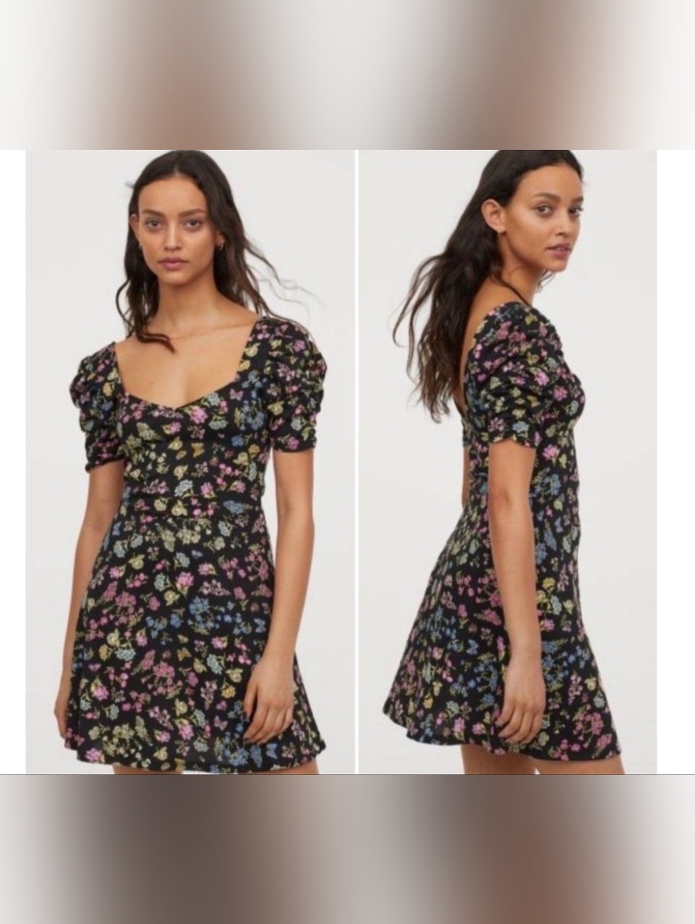 H&M Black Mini Dress with Pink, Blue & Yellow Floral Print
